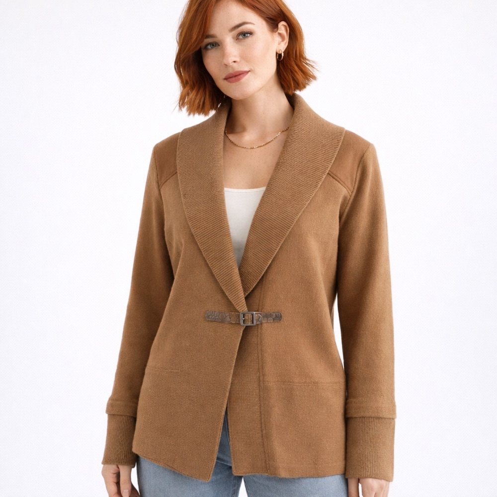 Olsen Europe Camel Wool Shawl Collar Cardigan Jacket Sz 12